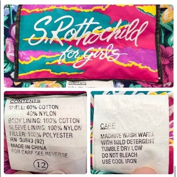 Vintage 80s Rothschild Coat Girls 12 Womens S/M Turquoise Floral Puffer Jacket - Picture 9 of 9